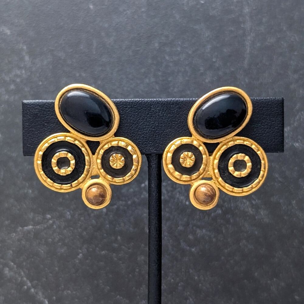 Vintage Clip On Earrings Large Glam Gold Tone, Black, Tan 1.25"- Statement